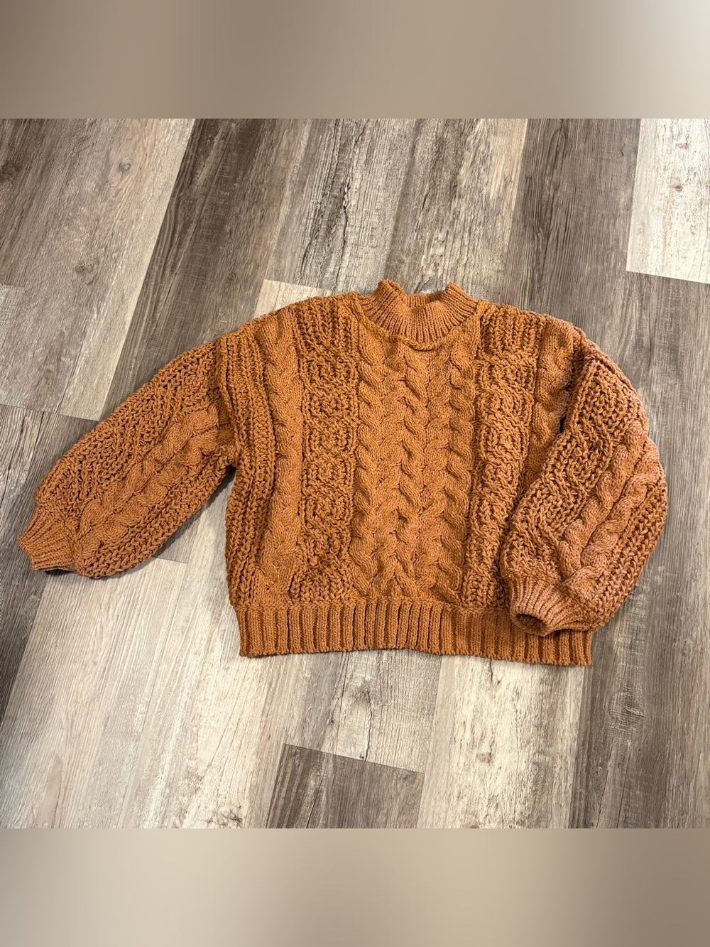 POL Chunky Cable Knit Mock Neck Long Sleeve Chenille Sweater Rust Brown Size S